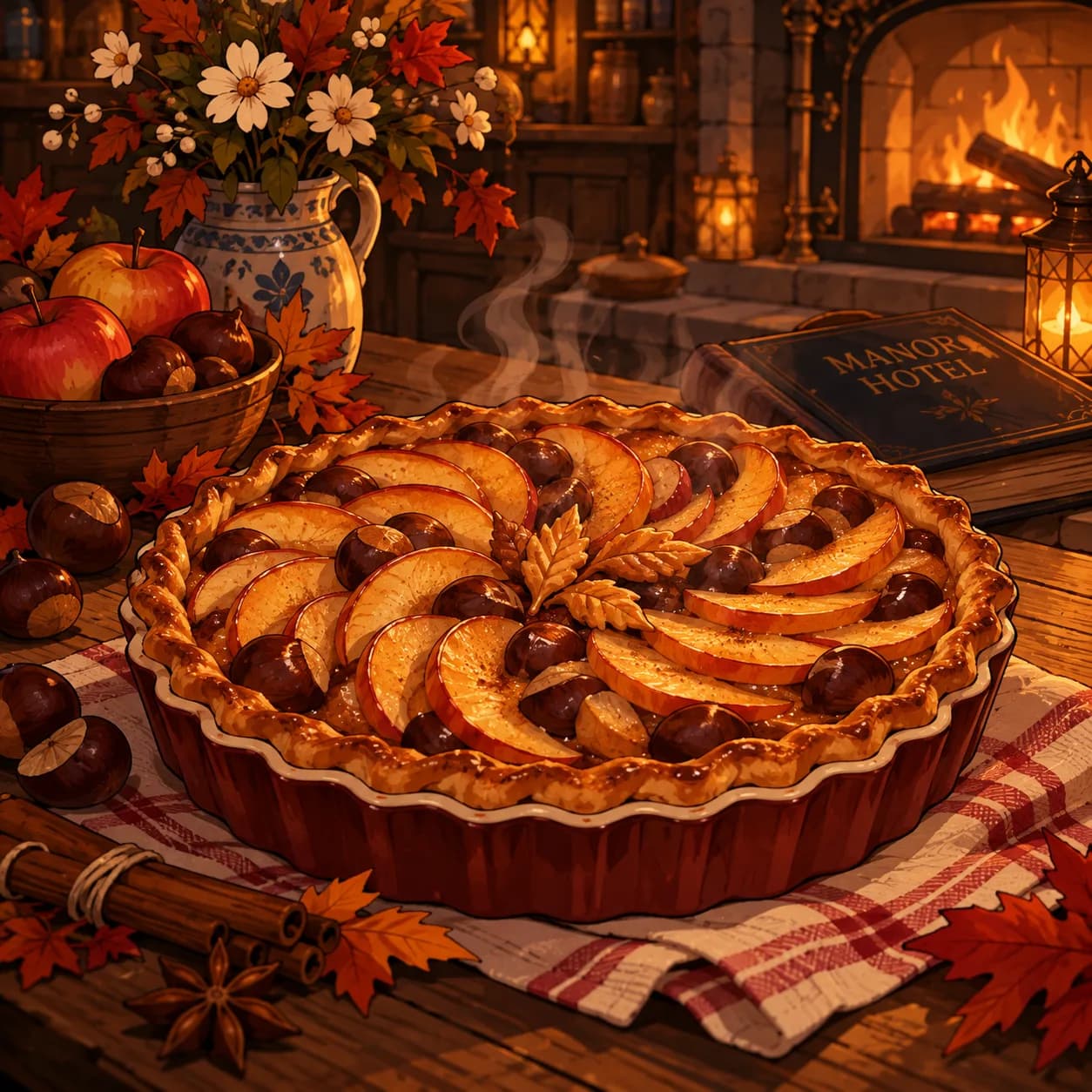 La Tarte Mémorable aux pommes et châtaignes, fumante, près de la cheminée